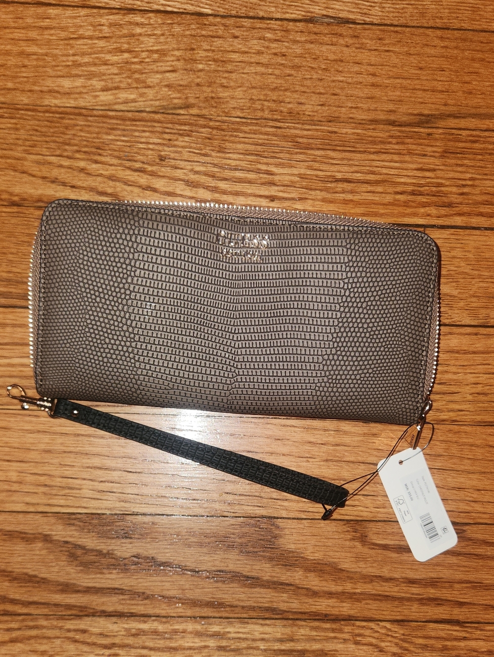 Guess Taupe and black Lizard-Embossed Zip Wallet with Wrist Strap